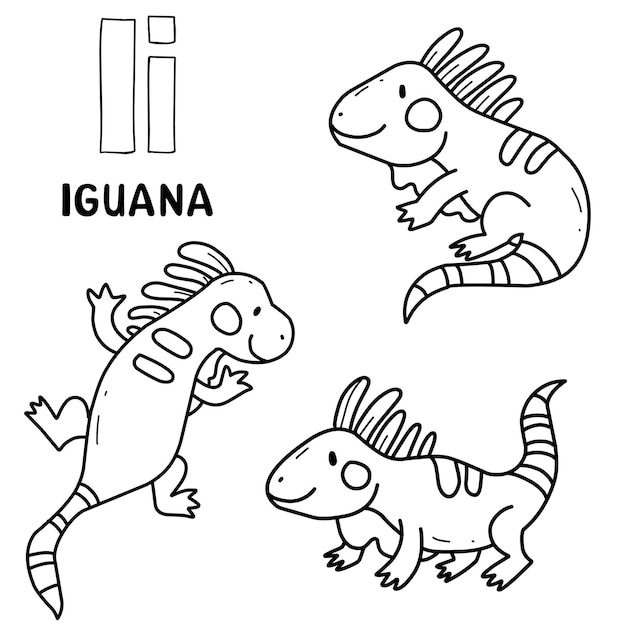 Alphabet animal iguana set for coloring with word hand drawn letter animal cartoon