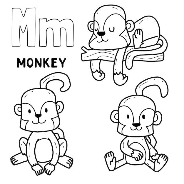 Alphabet animal monkey set for coloring with word hand drawn letter animal cartoon