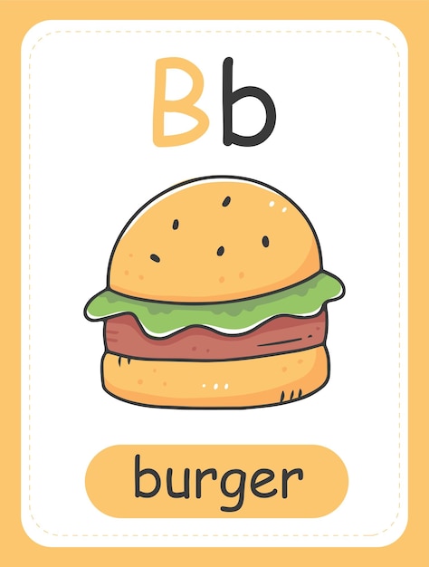 Alphabet card for children with the letter B and a burger Educational card for kids The word burger