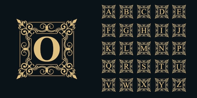 Alphabet collection with floral logo frame ornament.  