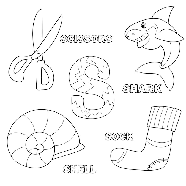 Alphabet coloring book page with outline clip art. Letter S. Vector Shark, scissors, sock, shell