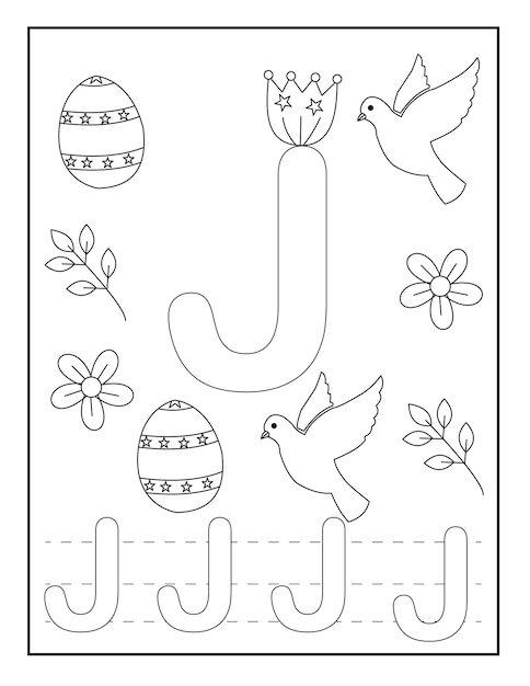 alphabet coloring pages with cute designs like Easter egg flower insects stylish font and so on