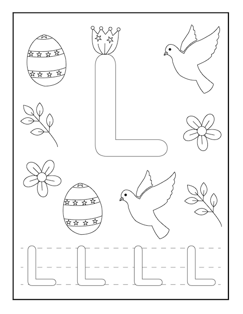 alphabet coloring pages with cute designs like Easter egg flower insects stylish font and so on