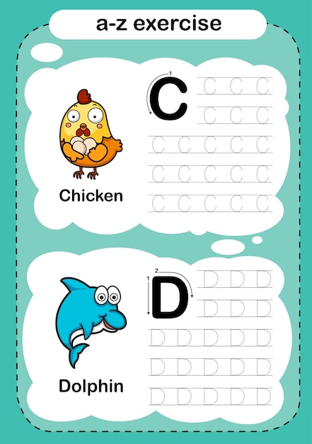 Alphabet exercise with cartoon vocabulary