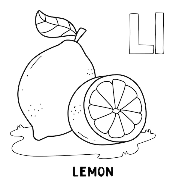 Alphabet fruit lemon for coloring with word hand drawn letter fruit cartoon