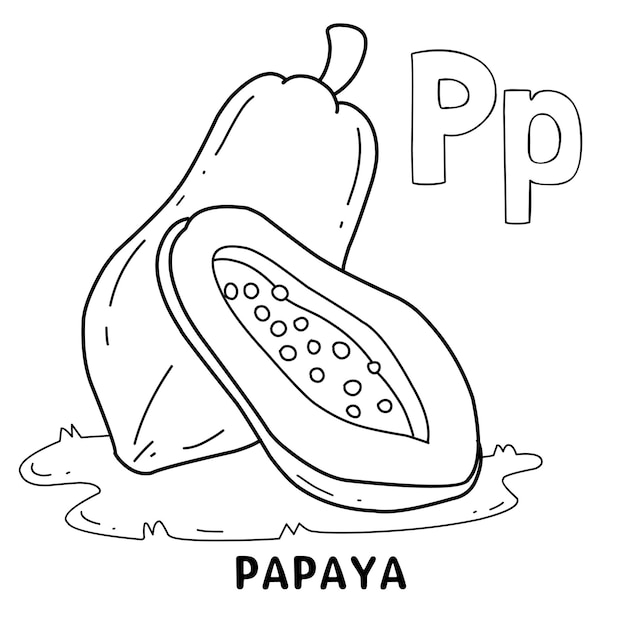 Alphabet fruit papaya for coloring with word hand drawn letter fruit cartoon