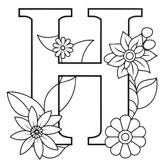 Alphabet H coloring page with the flower H letter digital outline floral coloring page ABC colorin