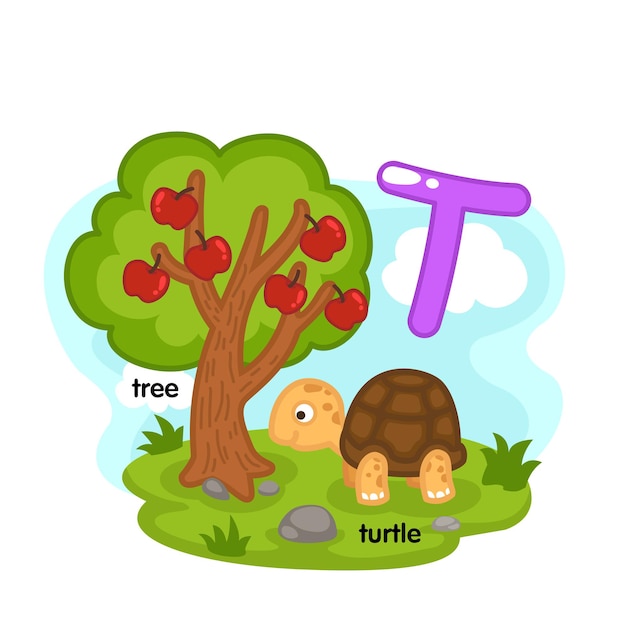 Alphabet Isolated Letter T-tree-turtle illustration,vector