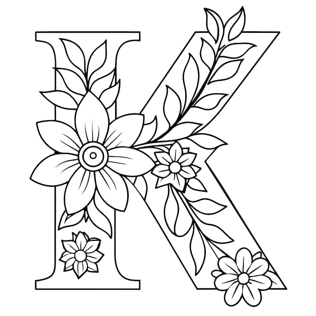 Alphabet K coloring page with the flower K letter digital outline floral coloring page ABC colorin