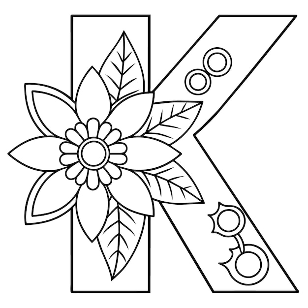 Alphabet K coloring page with the flower K letter digital outline floral coloring page ABC colorin