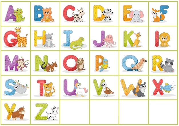 Alphabet for kids with cute animalsCartoon Style