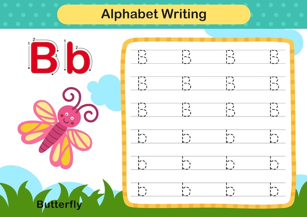 Alphabet Letter b butterfly exercise with cartoon vocabulary illustration vector