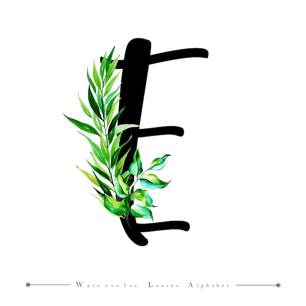 Alphabet Letter E with Watercolor Leaves Background