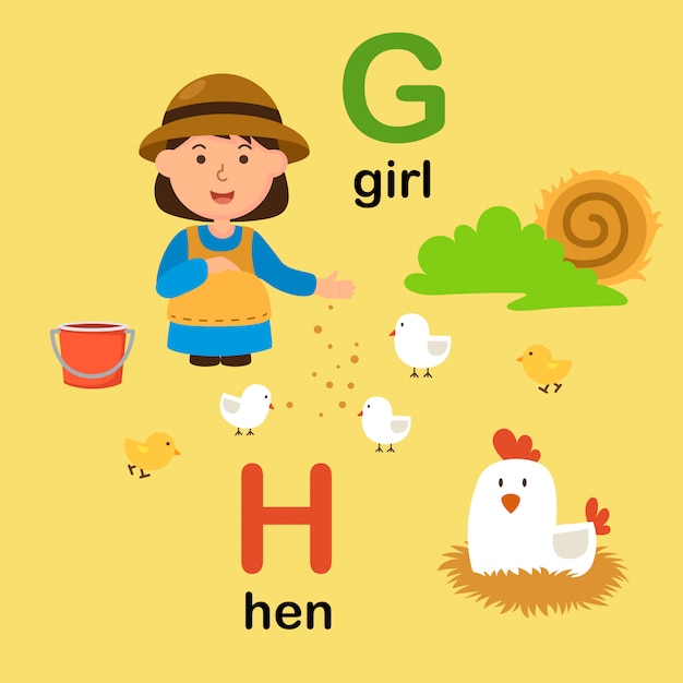 Alphabet Letter G for girl, H for hen, illustration