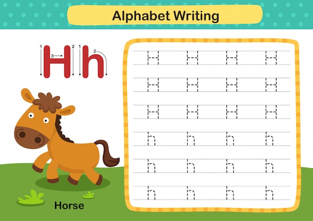 Alphabet Letter H-Horse exercise with cartoon vocabulary illustration