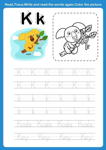 Alphabet Letter K with cartoon vocabulary for coloring book illustration vector