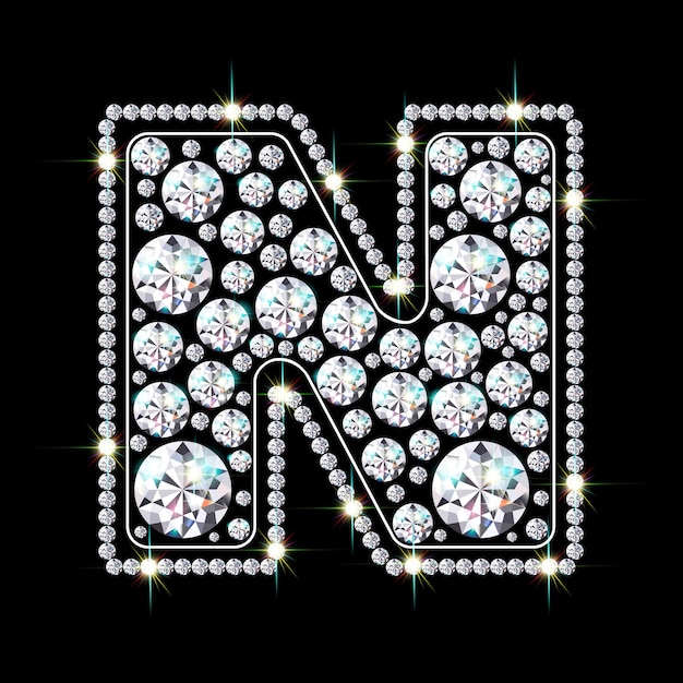 Alphabet letter N made from bright, sparkling diamonds