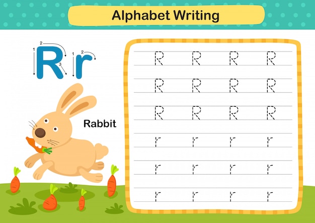 Alphabet Letter R-Rabbit exercise with cartoon vocabulary illustration