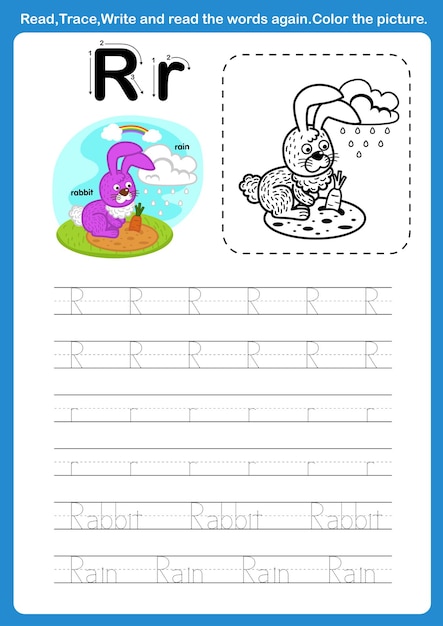 Alphabet Letter R with cartoon vocabulary for coloring book illustration vector