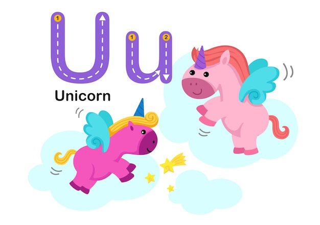 Alphabet Letter UUnicorn with cartoon vocabulary illustration vector