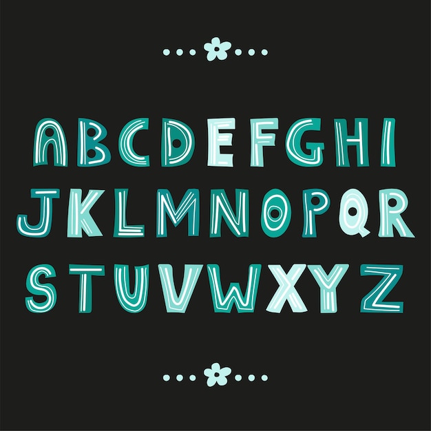 Alphabet letters. Hand drawn vector set isolated on dark background. Kids doodle abc white and blue cartoon sign collection.