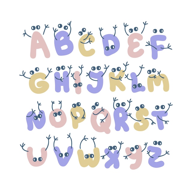 Alphabet letters with hands and eyes doodle collection for poster party invitation and print