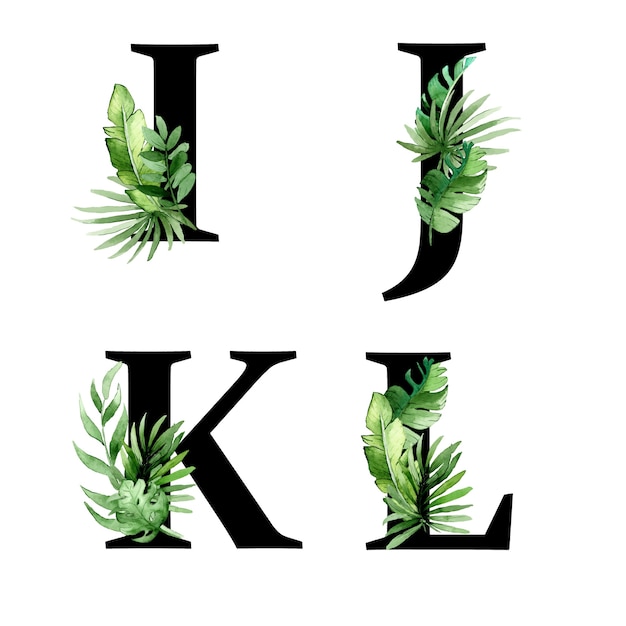 Alphabet letters with tropical green leaves