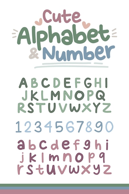 alphabet and number in cute colorful hand drawn style for kids