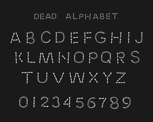 Alphabet and numbers made of silhouettes bones on a black background Hand drawing style