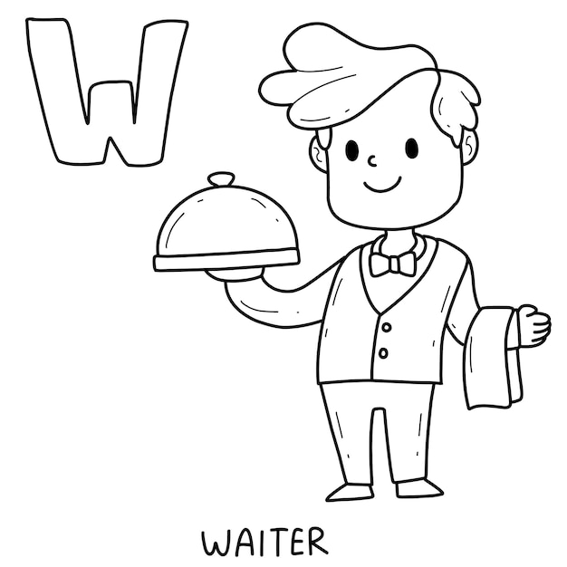 Alphabet occupation waiter coloring book with word