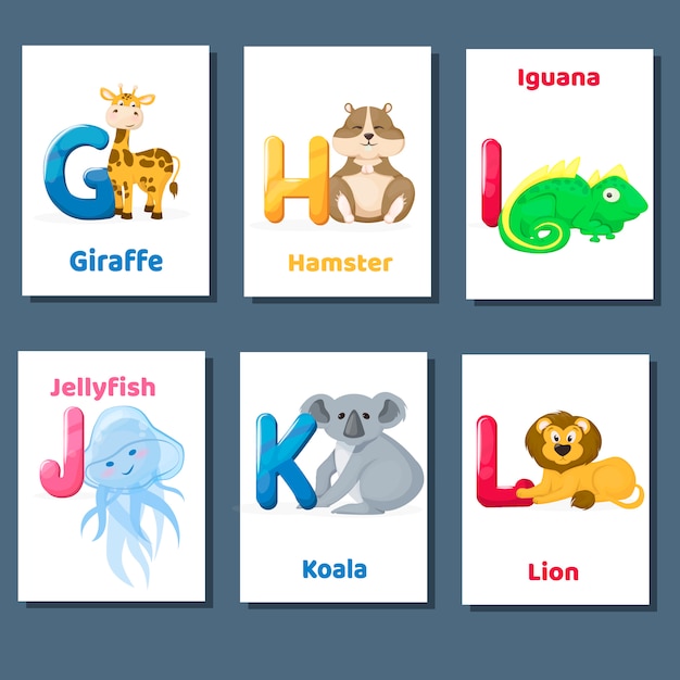 Vector alphabet printable flashcards vector collection with letter g h i j k l. zoo animals for english language education.