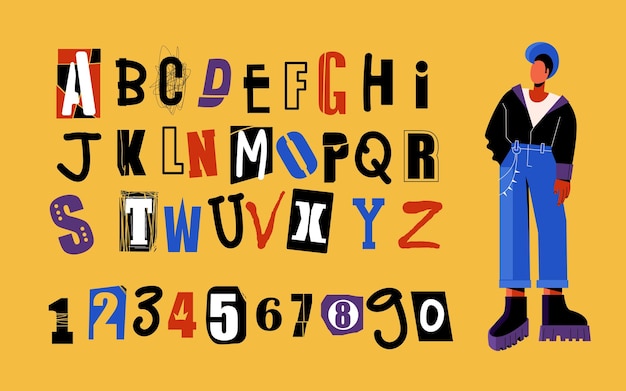 Alphabet in punk style. Colored letters and numbers are hand-drawn. Male rocker with mohawk