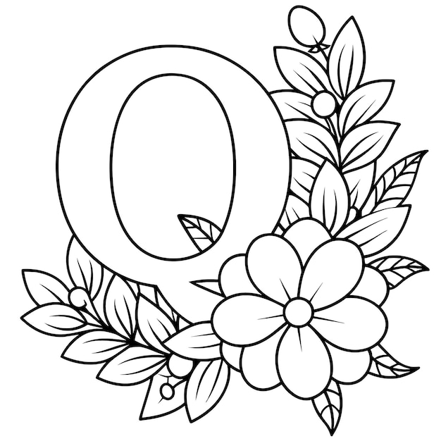 Alphabet Q coloring page with the flower Q letter digital outline floral coloring page ABC colorin