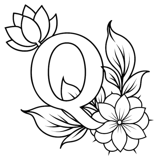 Alphabet Q coloring page with the flower Q letter digital outline floral coloring page ABC colorin