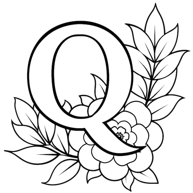 Alphabet Q coloring page with the flower Q letter digital outline floral coloring page ABC colorin