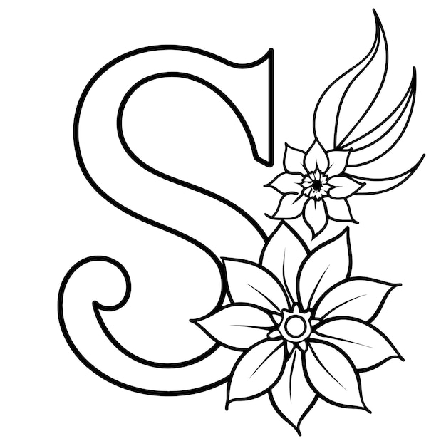 Alphabet S coloring page with the flower S letter digital outline floral coloring page ABC colorin