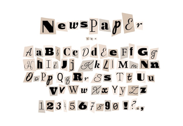 Alphabet in the style of anonymous messages. Letters cut out of a newspaper on a white sheet