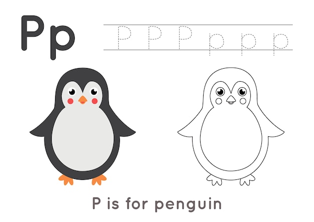 Alphabet tracing and coloring worksheet. A-Z writing pages. Letter P uppercase and lowercase tracing with cartoon penguin illustration. Handwriting exercise for kids. Printable worksheet.