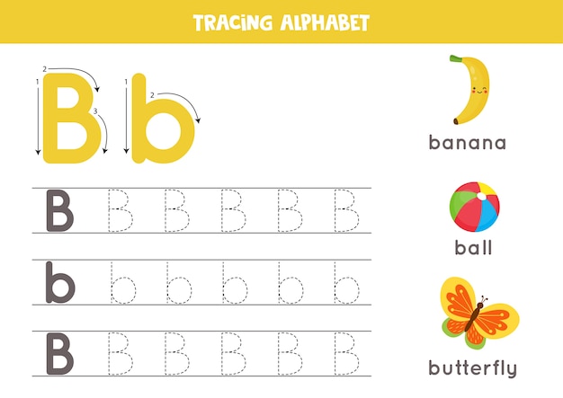 Alphabet tracing worksheet. A-Z writing pages. Letter B uppercase and lowercase tracing with cartoon butterfly, ball, banana. Handwriting exercise for kids. Printable worksheet.