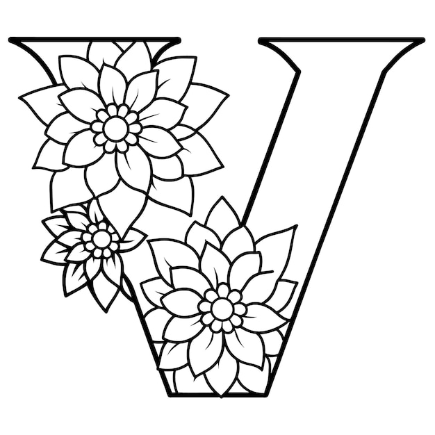 Alphabet V coloring page with the flower V letter digital outline floral coloring page ABC colorin