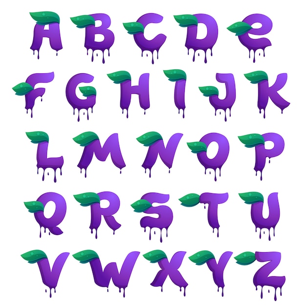 Alphabet with blueberry juice drops and leaves.