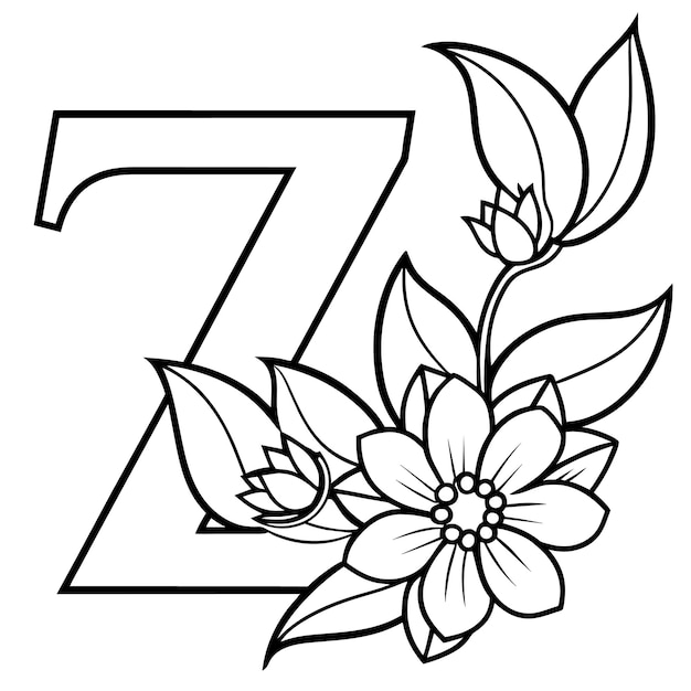 Alphabet Z coloring page with the flower Z letter digital outline floral coloring page ABC colorin