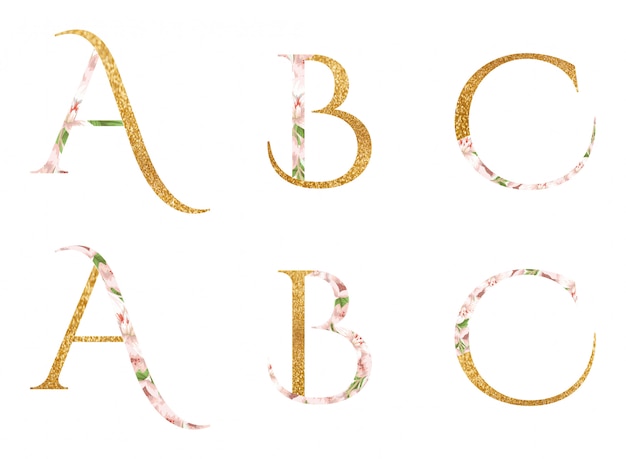 Alphabets A, B & C with flower and leaves watercolor