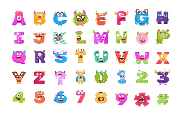 Alphabets and Numbers Monster Flat Icons