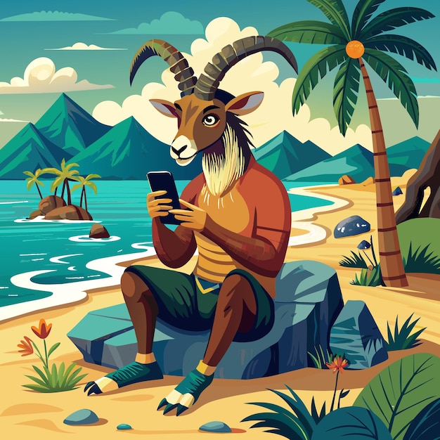 Alpine Ibex goat sullen sits beach Phone vector