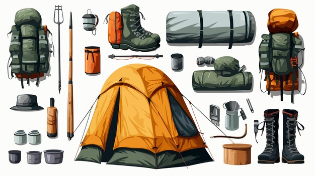 Vector alpinist equipment set tent sleeping bag backpack