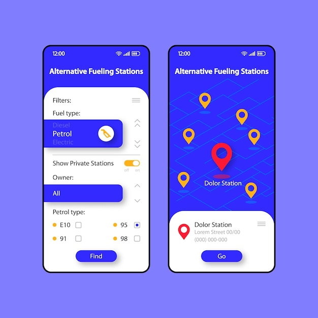 Alternative fueling stations smartphone interface vector template set