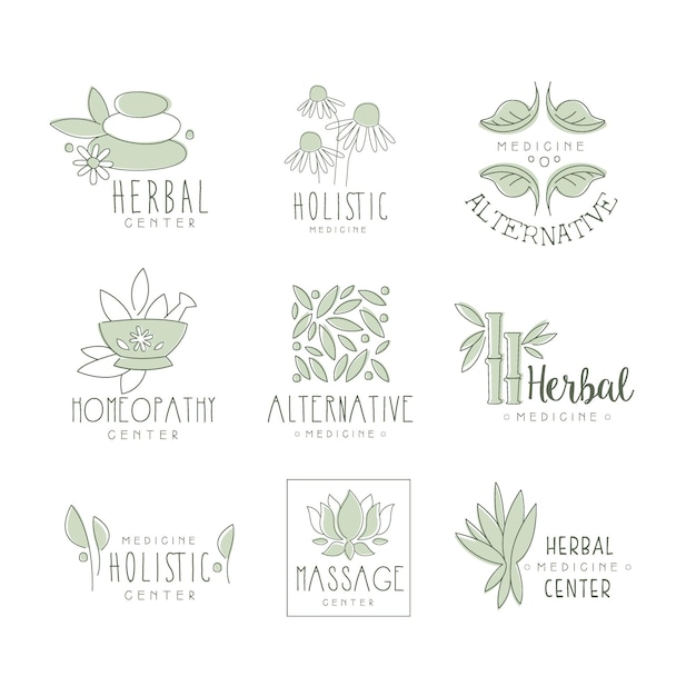 Alternative Medicine Center With Oriental Herbal Treatment And Holistic Massage Procedures Collection Of Label Templates