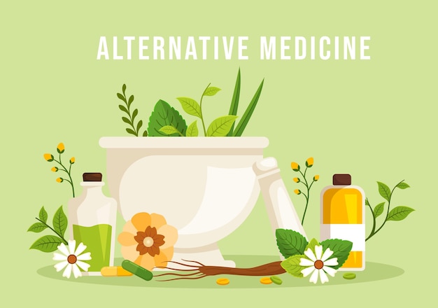 Vector alternative medicine or herbal cure of energy therapies with ginseng root and seeds in illustration