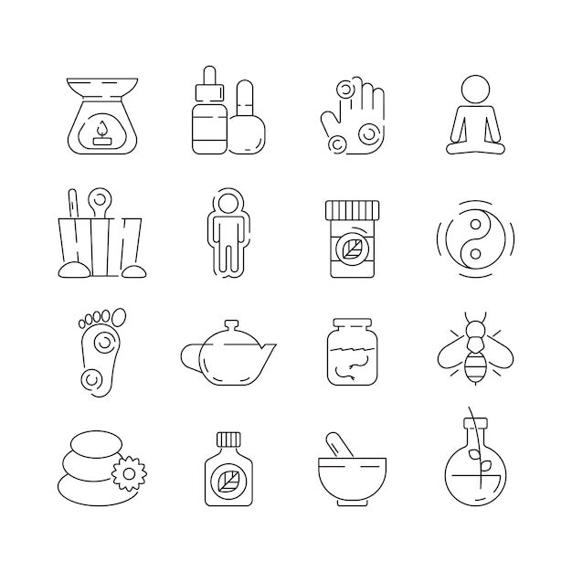 Alternative medicine icon. Beauty complementary naturopath herbal therapy relaxation meditation vector thin symbols